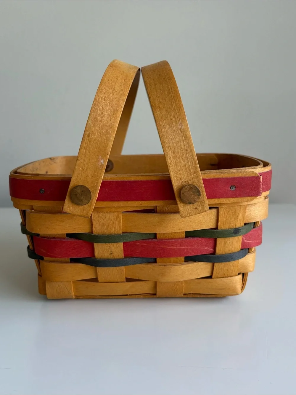 Vintage 1999 Longaberger Basket Red Green Double Handle Primitive Country